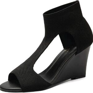 Newbella Black Stretch Wedge Sandals Shoes NIB